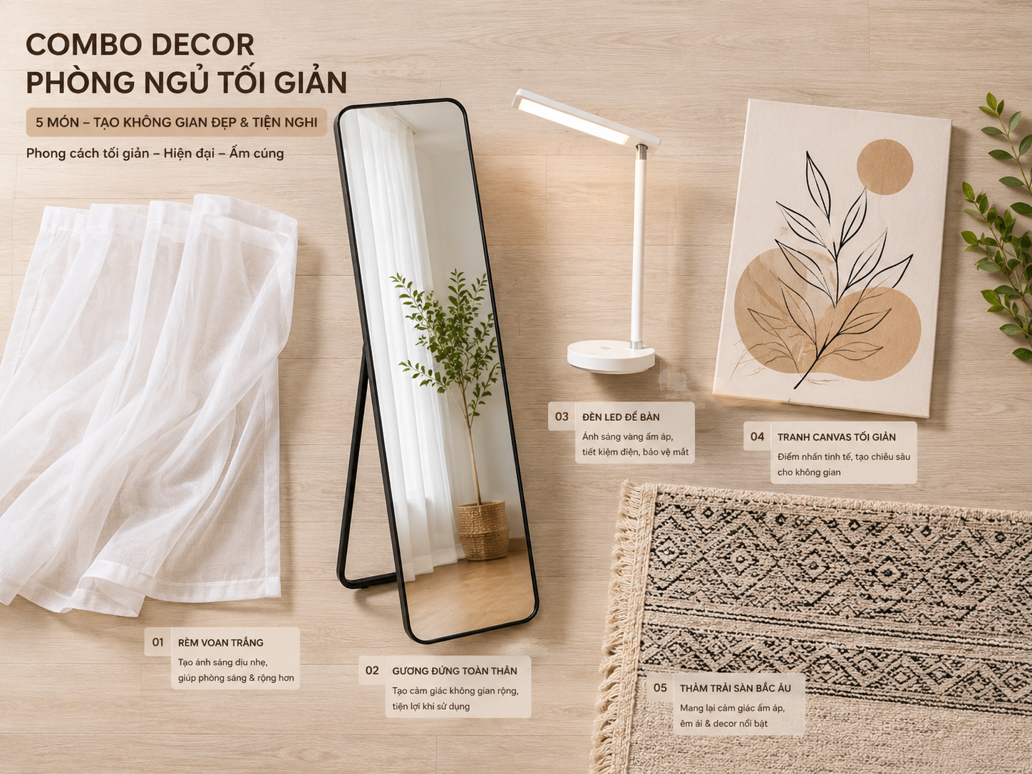 Combo decor phòng ngủ tối giản gồm rèm voan gương đứng đèn LED tranh canvas và thảm Bắc Âu